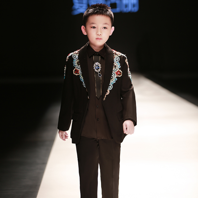 儿童模特走秀钢琴演出服男童西服套装复古小西西服