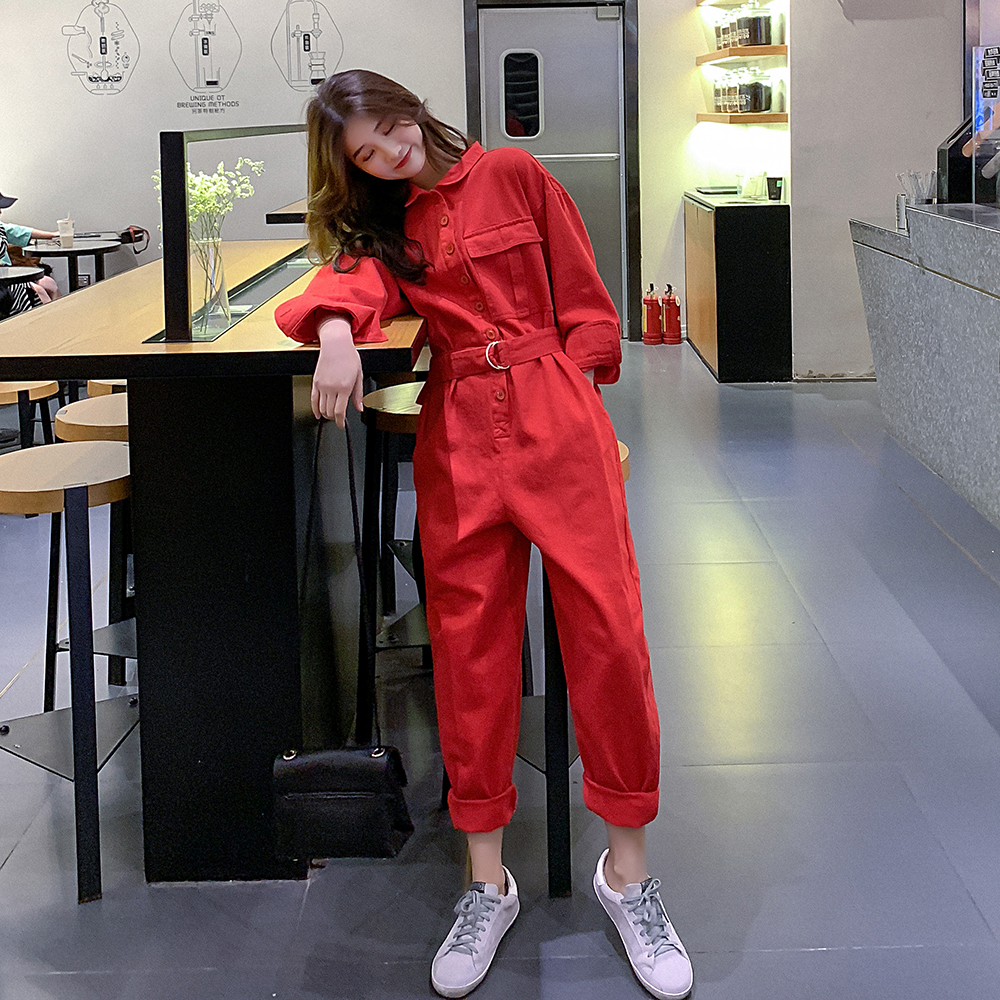 工装港味连体裤女2022春秋新款韩版宽松显瘦网红休闲阔腿裤子套装