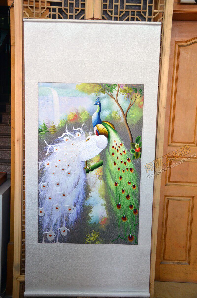 苏绣挂画孔雀白孔雀礼品特色办公室装框苏绣