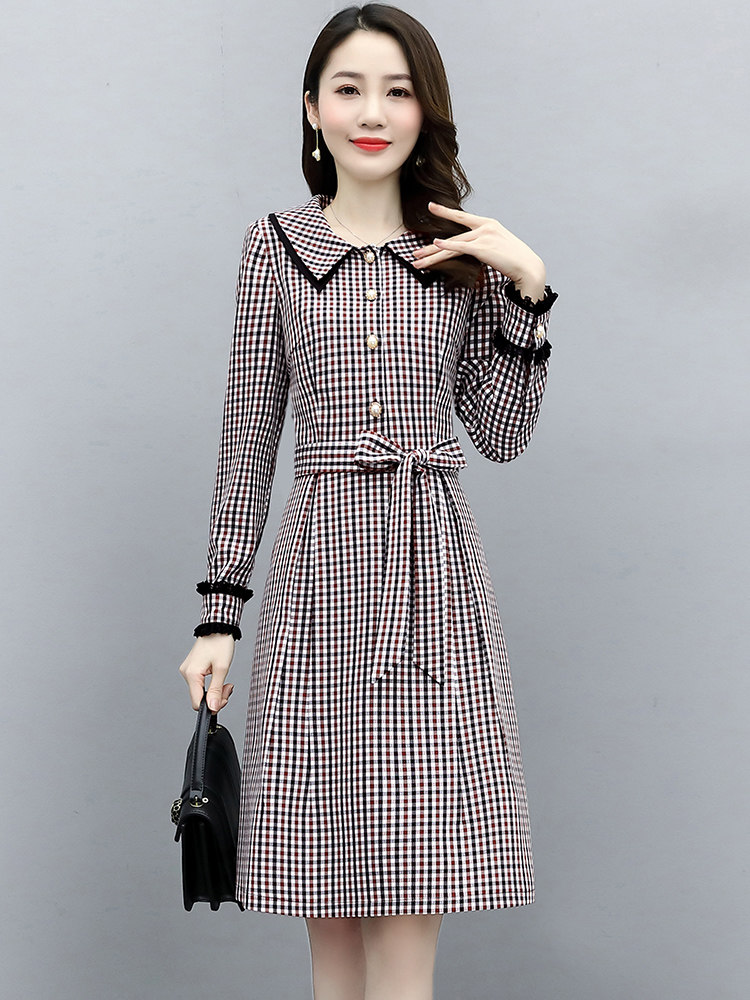 洋气格子连衣裙2021年春秋装新款气质中长娃娃连衣裙