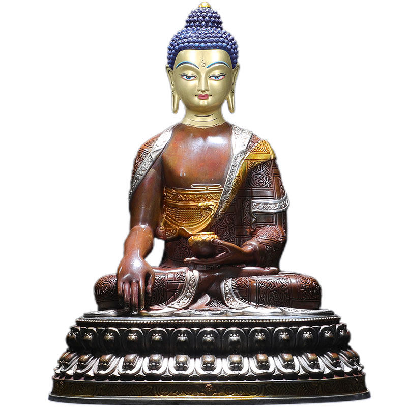 释迦牟尼佛像摆件纯铜古色鎏银居家供奉1尺藏传摆件