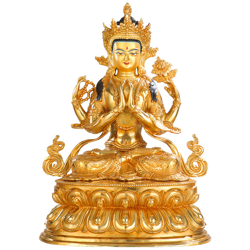 佛像四臂观音摆件纯铜藏传密宗佛台供奉全鎏摆件
