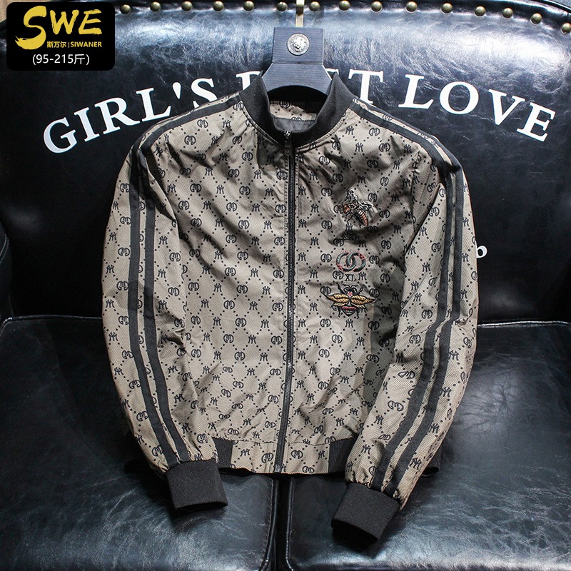 欧洲站小蜜蜂刺绣外套男春秋季韩版潮流褂子痞帅潮牌立领薄夹克男