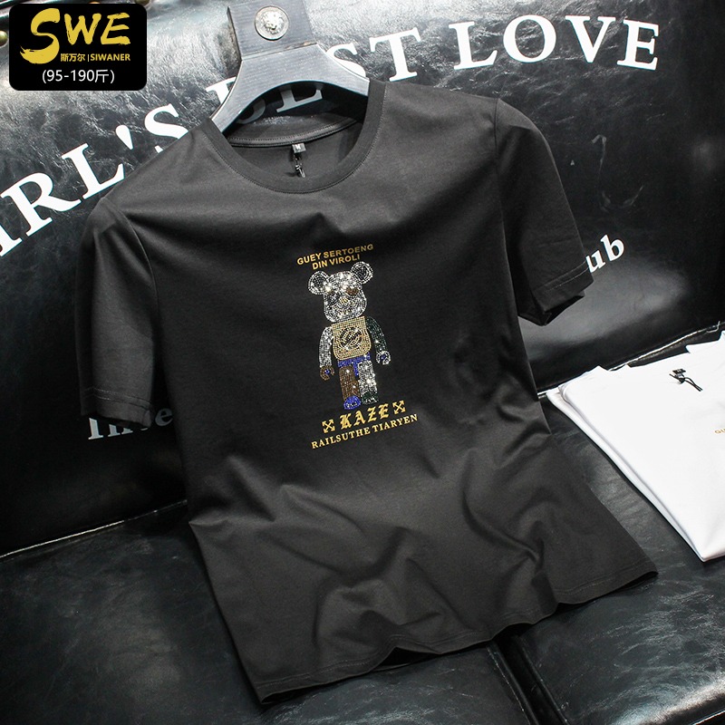 欧洲站潮流半截袖时尚个性透气卡通烫钻修身圆领丝光棉短袖T恤男