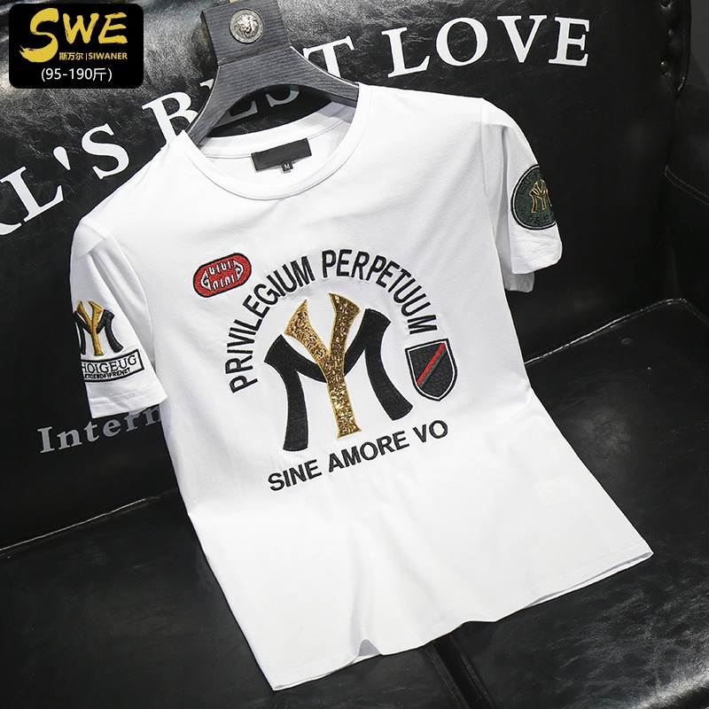 欧洲站短袖t恤男新款夏季上衣潮牌丝光棉帅气修身刺绣打底体恤男