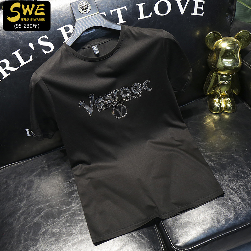 2022夏季轻奢半袖男士潮牌潮流修身丝光棉字母印花烫钻短袖T恤男