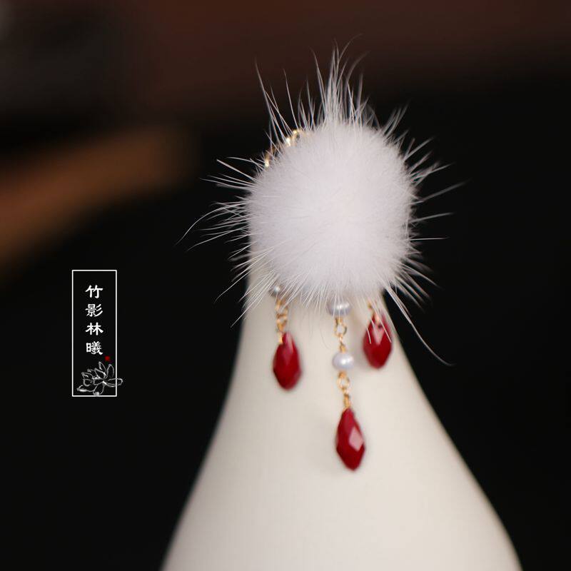 发扣古风毛茸茸系列发饰红色流苏汉服头饰日常发饰