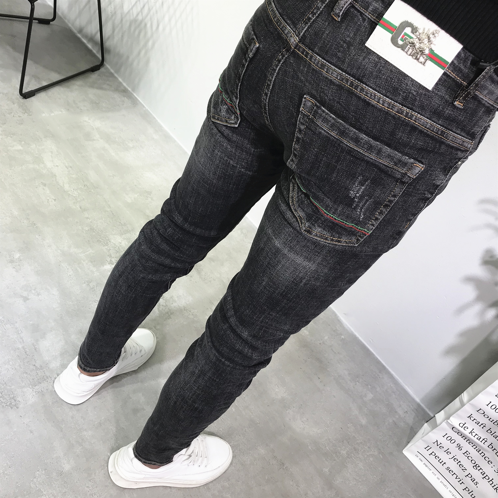 潮牌牛仔裤男黑灰色小直筒修身复古长裤百搭显瘦春夏新款韩版社会