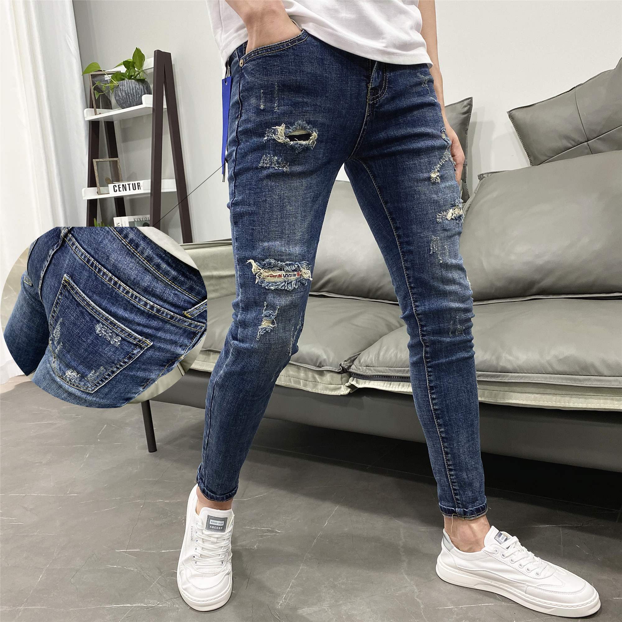 潮流时尚破洞补丁男士牛仔裤韩版修身小脚裤春夏新款水洗弹力长裤