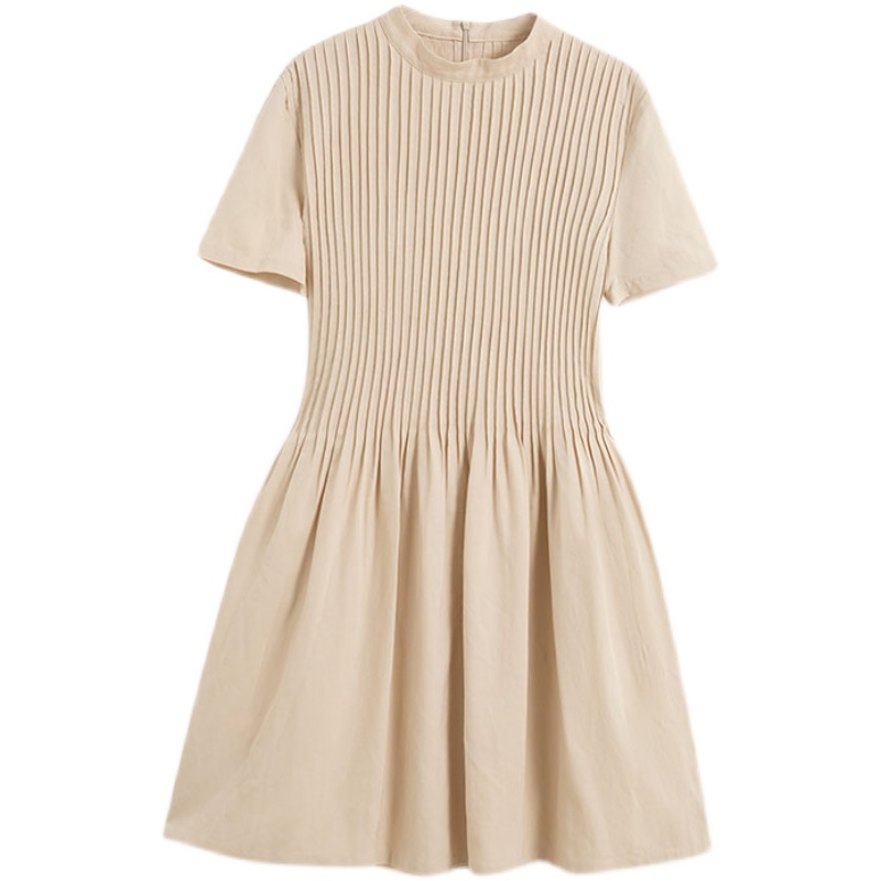 小个子夏季新款天丝亚麻短裙重工塔克褶收腰显连衣裙