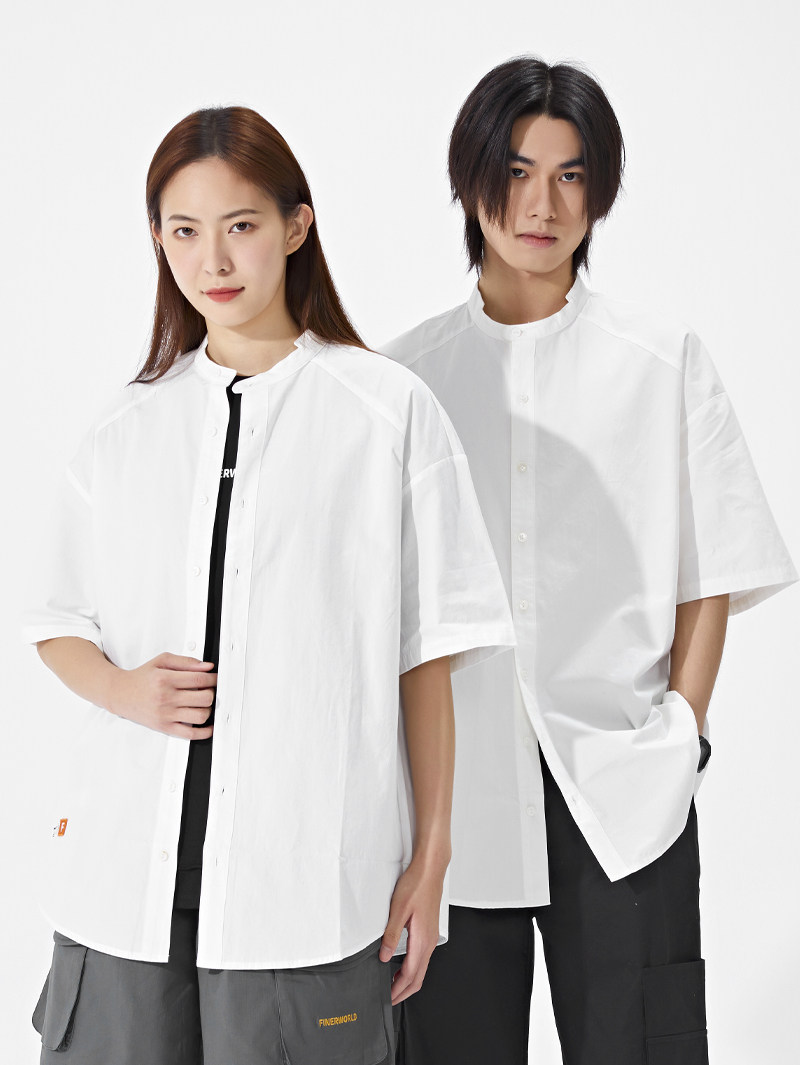 finerworld中式复古立领短袖衬衫白色衬衣衣大印花衬衫