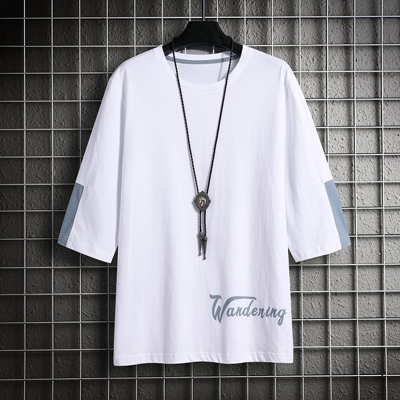 潮牌夏季日系短袖男港风潮流宽松百搭拼色t恤肥佬大码五分半袖衫