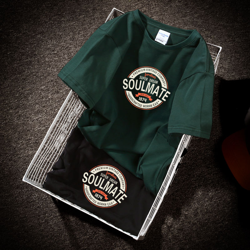 潮牌2022夏季新款墨绿色短袖t恤男士港风潮流百搭印花情侣装半袖