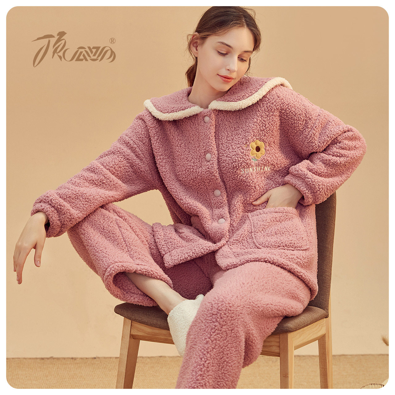 顶瓜瓜21年新款羊羔开襟睡衣秋冬季加绒加厚女士睡衣