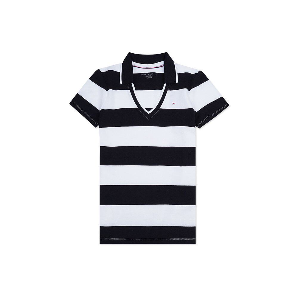 美国直邮tommyhilfiger汤米女士字领polo黑白条纹polo衫