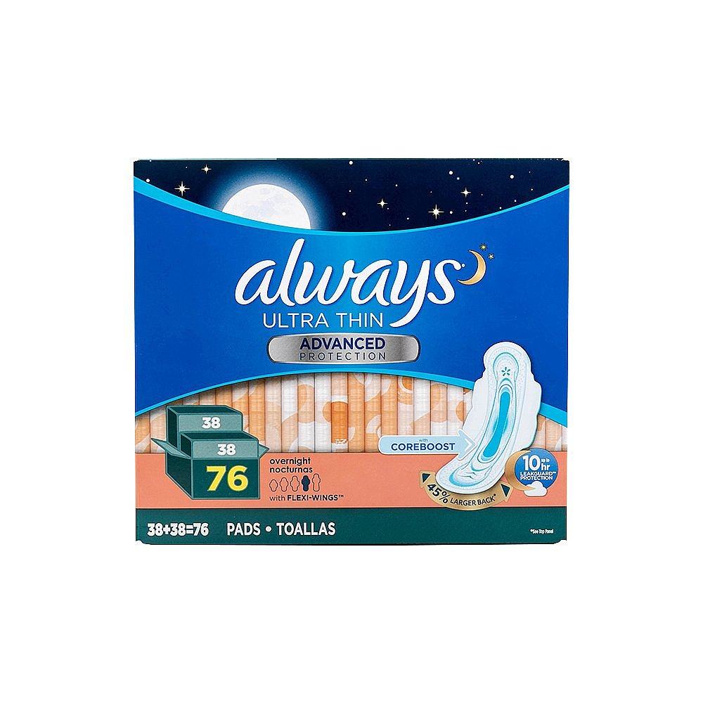 卫生巾美国直邮always护舒宝76片薄加长夜干爽舒适卫生巾
