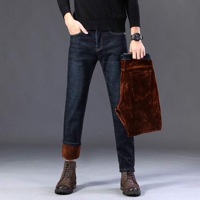Plus velvet thick jeans men's fall/winter new stretch straight loose loose business casual warm denim trousers men Plus velvet thick jeans men's fall/winter new stretch straight loose loose business casual warm denim trousers men