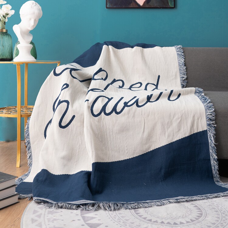 复古蓝色英文沙发毯子装饰毯床尾挂毯野餐飘窗休闲毯