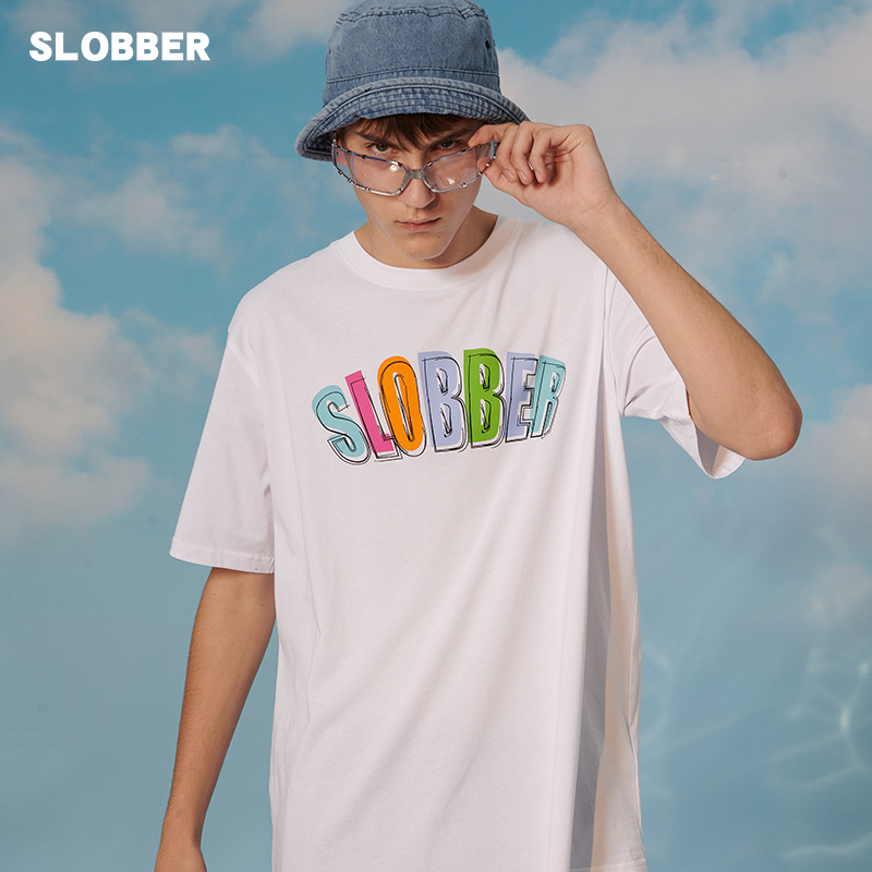 slobber彩色线条字母短袖男女夏季新款情侣夏装t恤