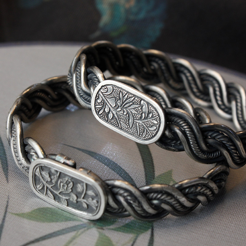 陌上梨花淡白柳深纯银扭丝定制手镯