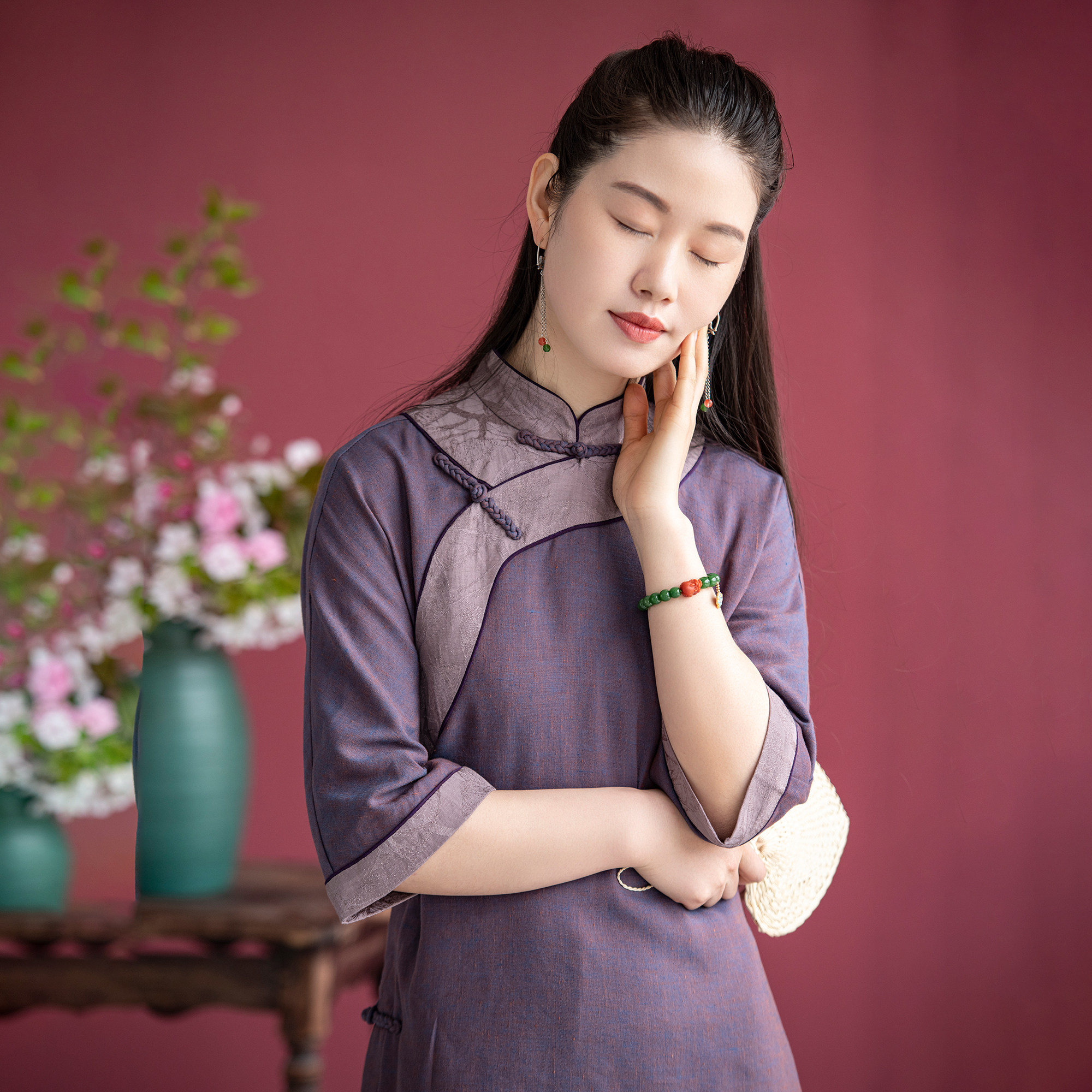 陌上花开兰襟沧笙踏歌夏季素色优雅知性旗袍亚麻答谢款