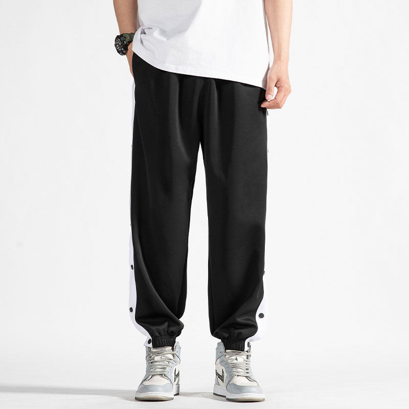 运动排扣裤子全开纽扣夏季薄款宽松束脚训练休闲裤