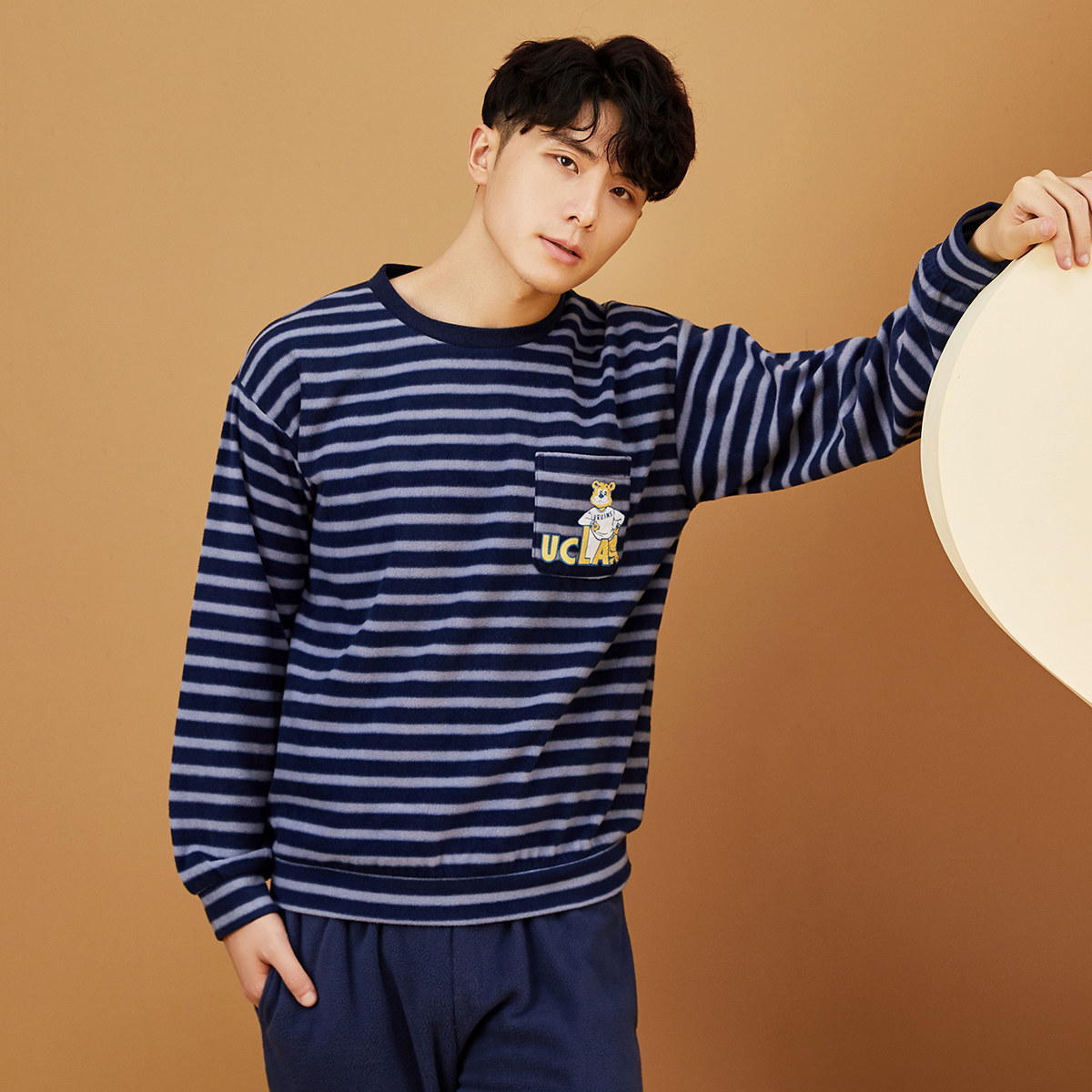 顶呱呱家居服套头条纹卫衣长袖休闲摇粒绒睡衣秋冬睡衣