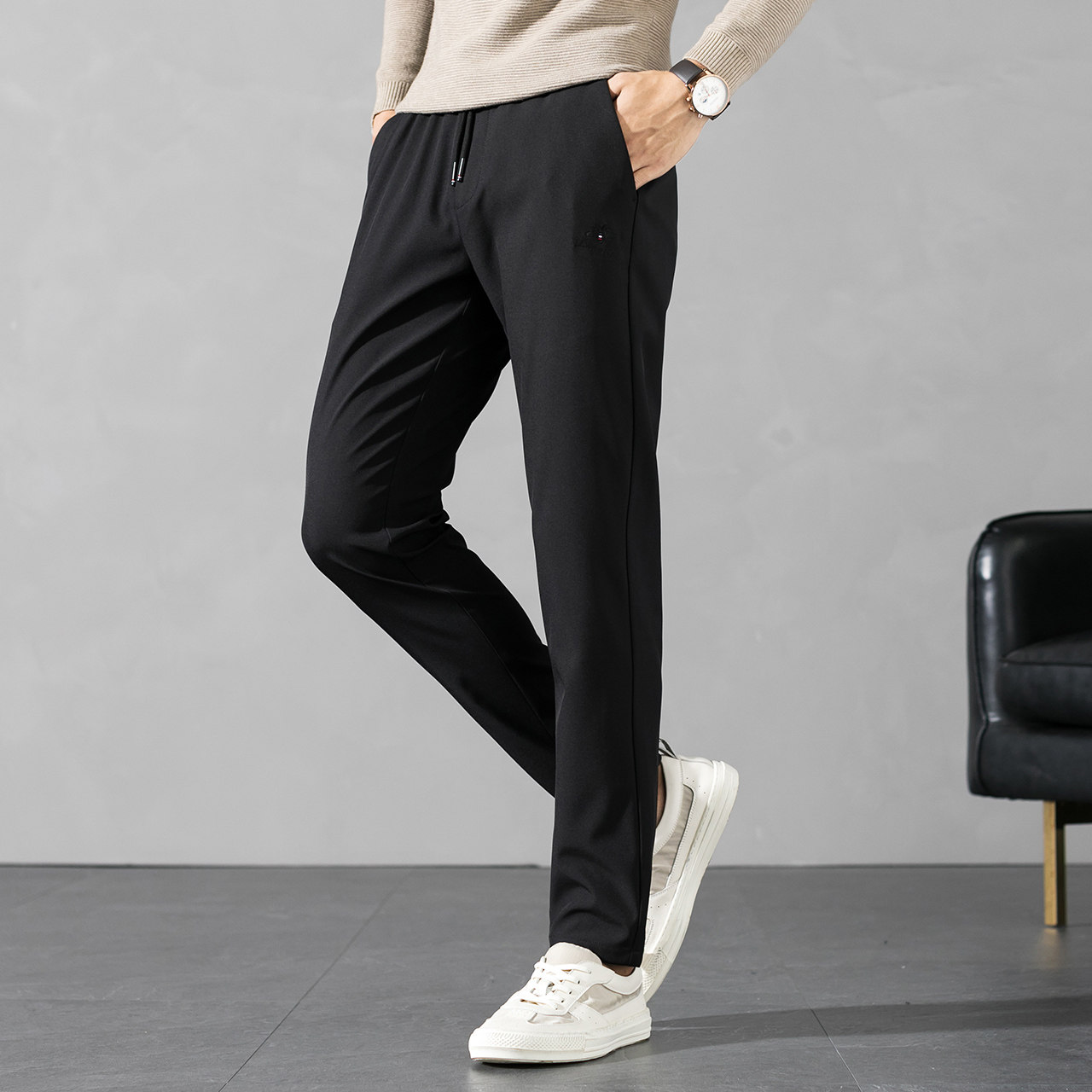 雪中飞2021春季新款商务松紧休闲裤男士筒裤简约休闲裤