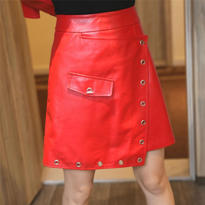 字裙女短款秋绵羊皮红色高腰皮裙皮包短裙修身半身裙