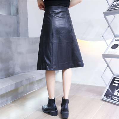 字裙女秋冬羊皮高腰拉链皮裙真皮过膝长裙黑色半身裙