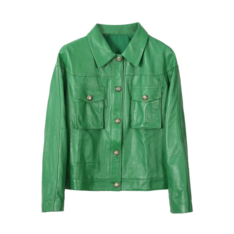 短外套2020秋冬新款真皮韩版皮衣绵羊羊皮绿色短外套