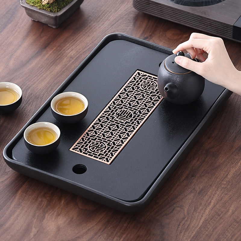 茶盘陶瓷喷砂储水排水乌金石小型茶台中式简约茶盘