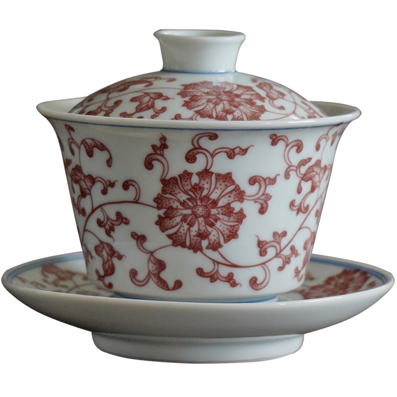 功夫茶茶具陶瓷瓷釉里红三才复古泡茶茶杯单个盖碗