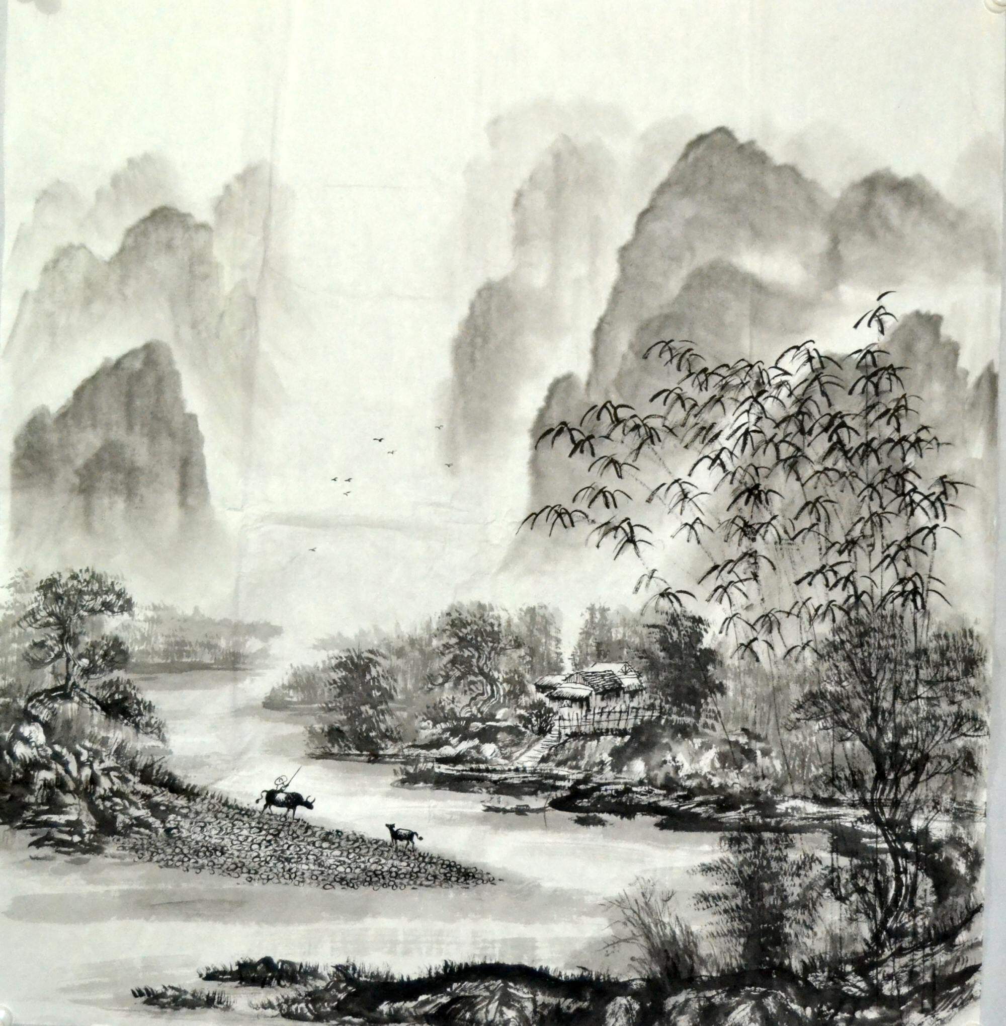 字画中式风景茶楼客厅无款手绘山水桂林水墨国画