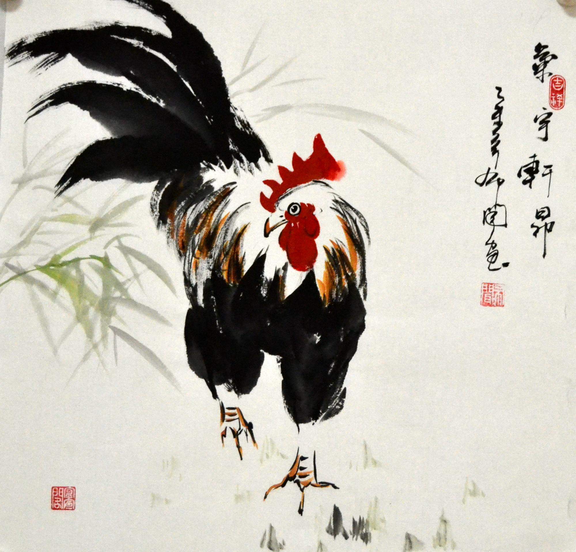 挂画国画花鸟字画三尺斗方方大吉图公鸡手绘国画