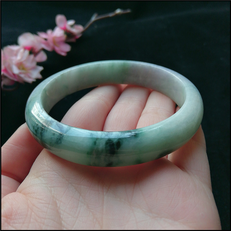 翡翠手镯青花瓷天然缅甸货花翠玉飘花圈号575mm手镯