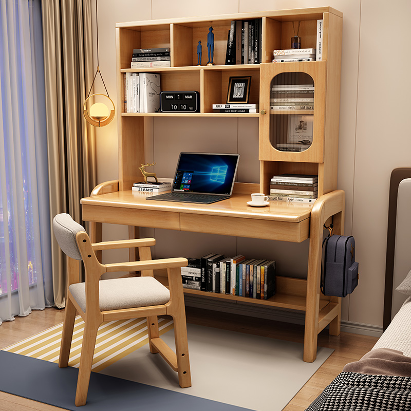实木书桌书架书柜一体家用卧室学生电脑桌玻璃门电脑桌