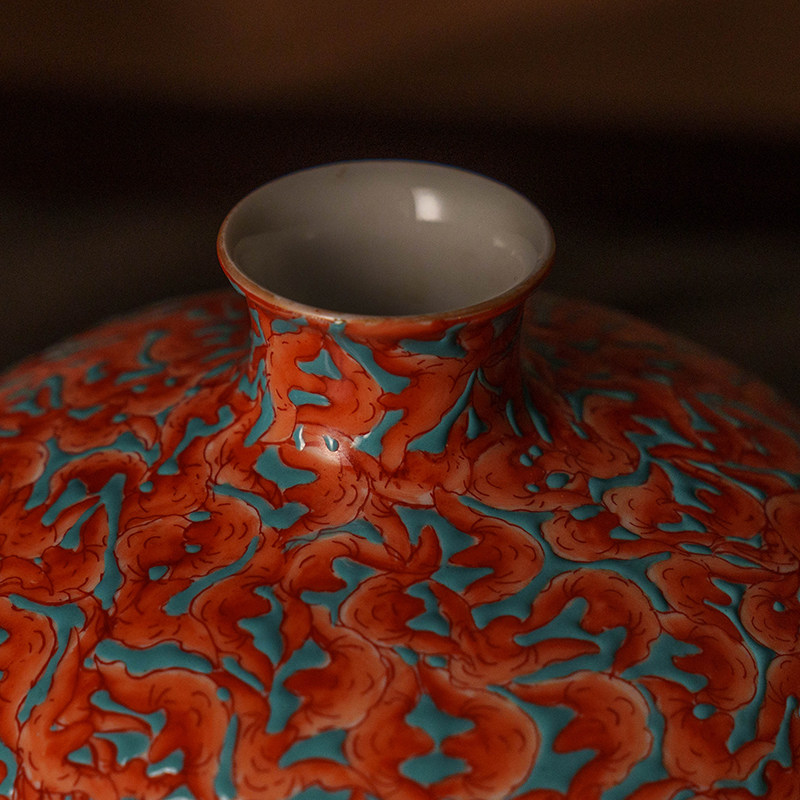 清代矾红万福纹梅瓶一对文玩古董收藏瓷器艺术品装饰摆件