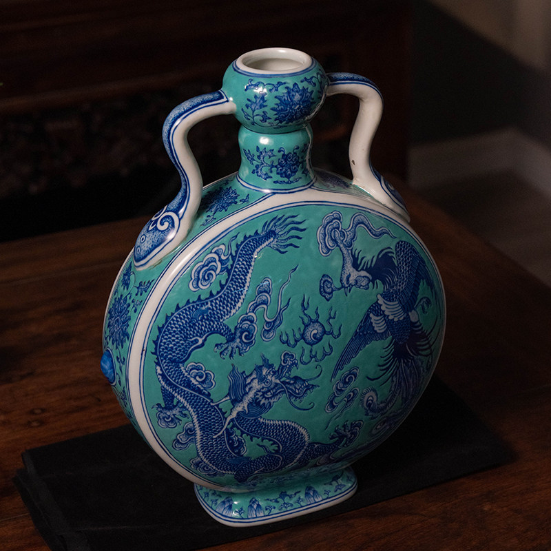 清代绿釉青花龙凤呈祥抱月瓶文玩古董瓷器艺术品收藏装饰摆件