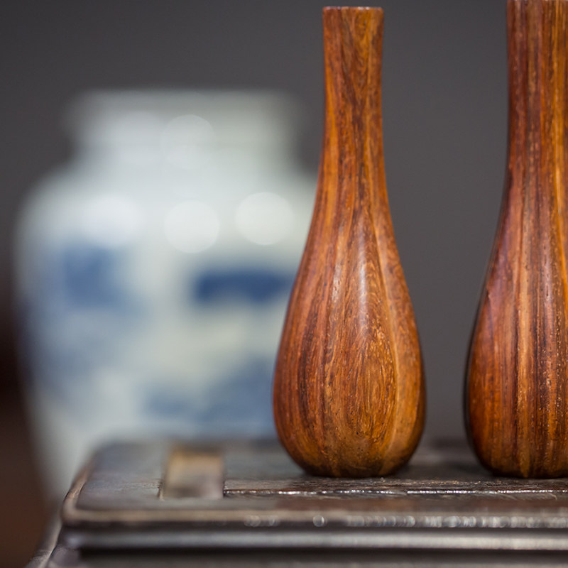 黄花梨花插瓜棱一对客厅办公室中式装饰摆件海南摆件