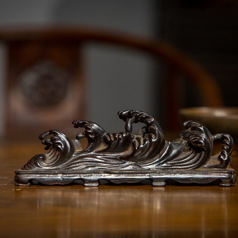 紫檀笔架山清代木雕海浪古董收藏文房用品小叶摆件