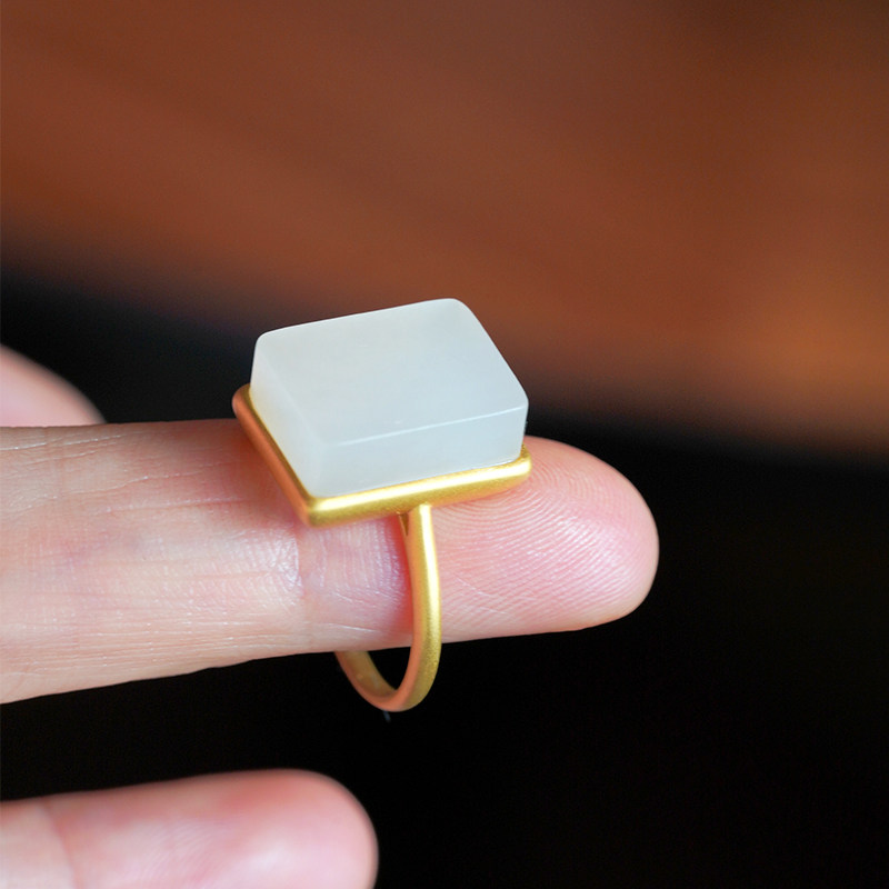 戒指良器艺术和田玉新新品白玉方戒山金镶玉羊脂手饰