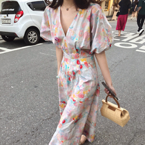 Law-style first love sweet and beautiful Balloon Skirt Woman 2022 New Sister Light Cooked with Waist Temperament Oil Painting Ocean Dress summer