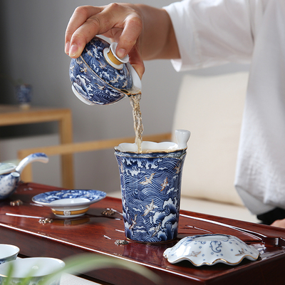 手工描金青花瓷工艺盖碗德化高白陶瓷功夫茶具三才泡茶器敬茶碗茶壶