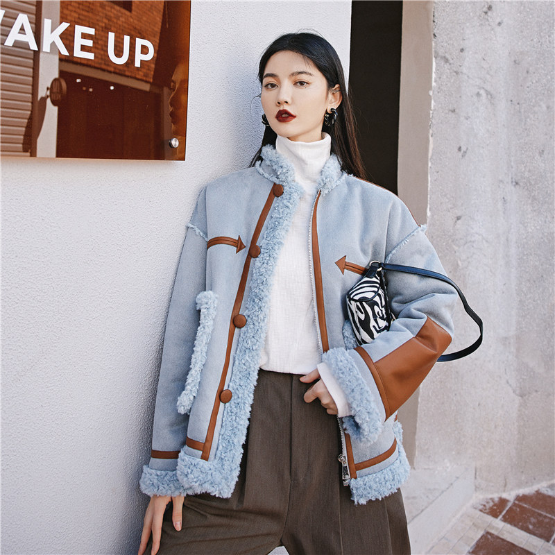 花妖原创北欧欧风雾霾蓝仿皮毛一体外套宽松皮草