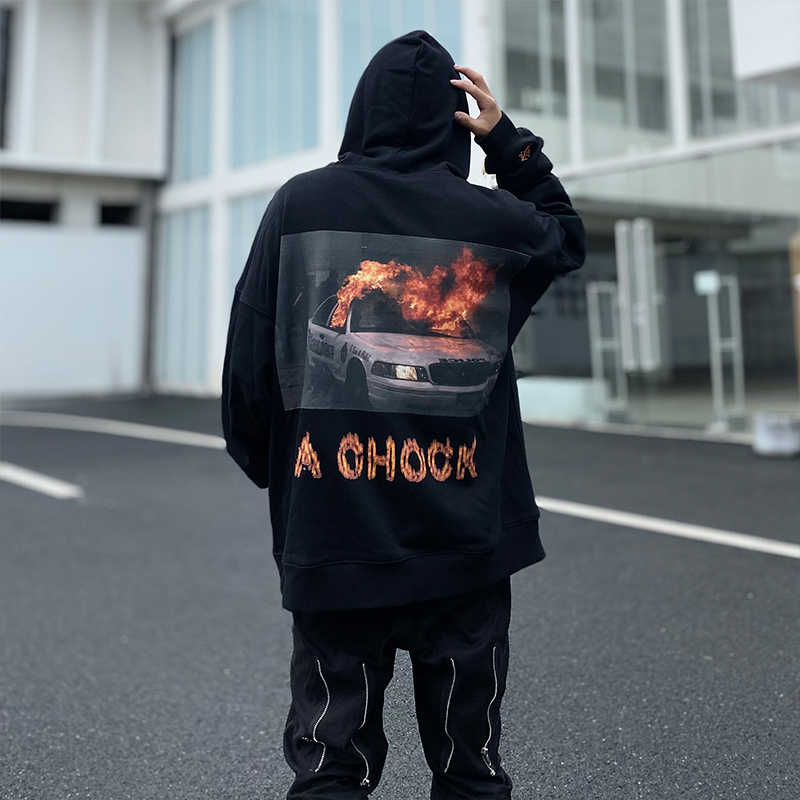 A chock原创logo刺绣汽车火焰印花上衣潮woo专属宽松情侣连帽卫衣