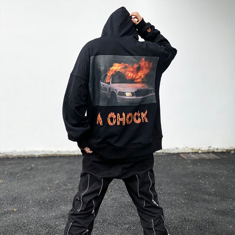 achock原创logo刺绣汽车火焰印花上衣潮woo专属宽松情侣连帽卫衣