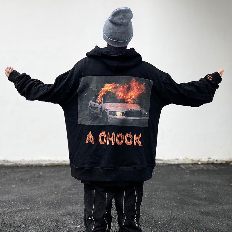 a chock 原创潮牌logo刺绣后背汽车火焰印花卫衣宽松情侣连帽上衣