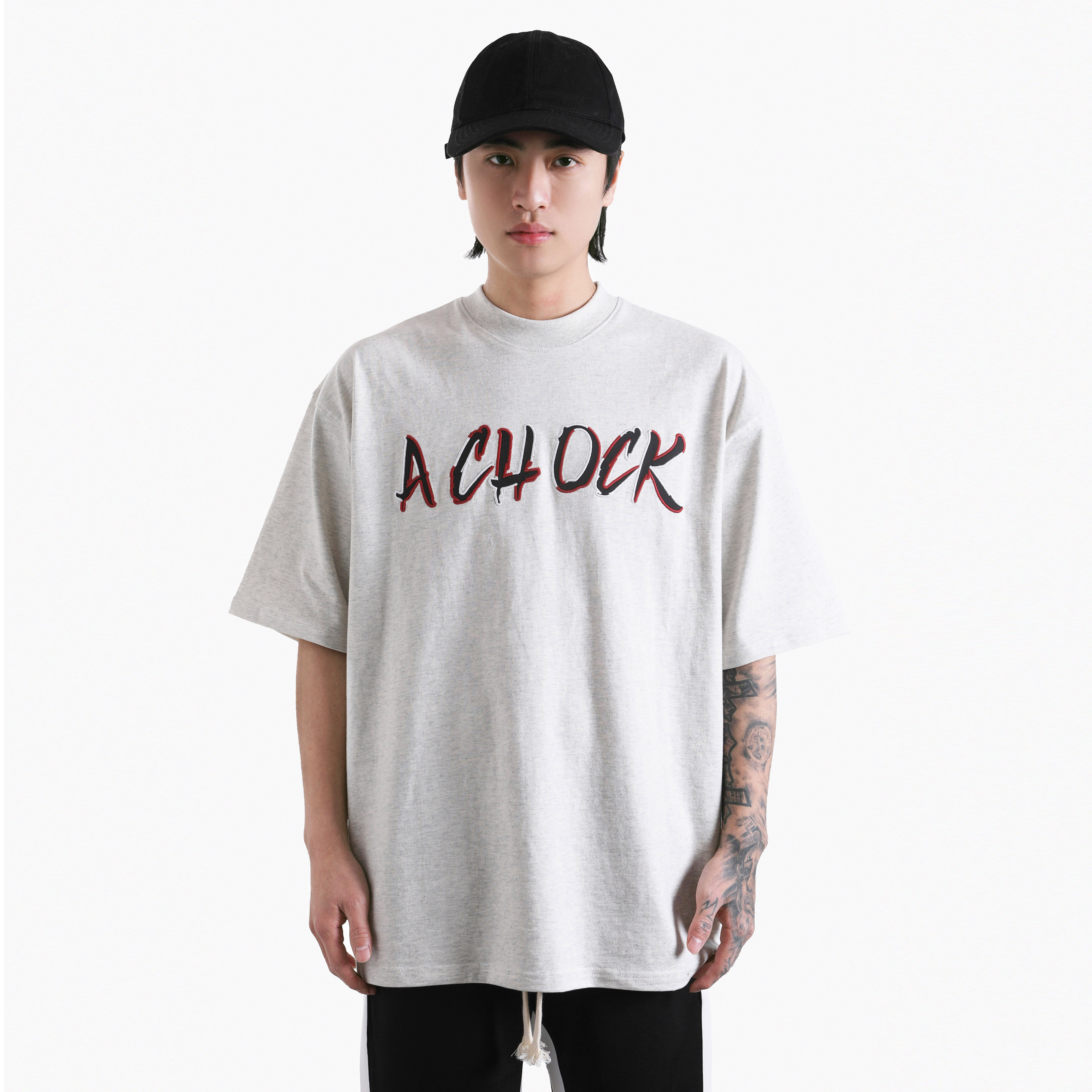 A chock国潮原创设计刺绣logo短袖宽松休闲情侣圆领套头打底衫t恤