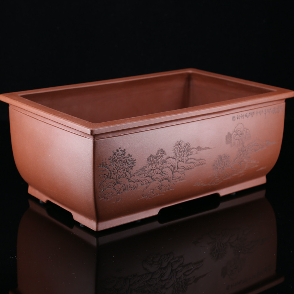 中大加高盆景紫砂原矿精刻马槽长方大号名家花盆